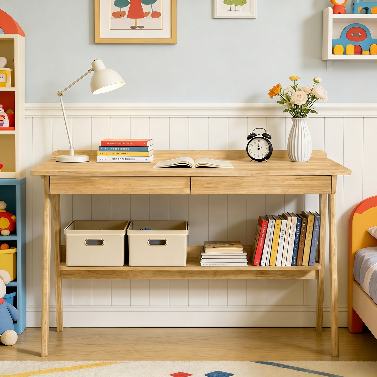 Solid Wood Writing Desk,Home Office Desk with 2 Drawers & Storage