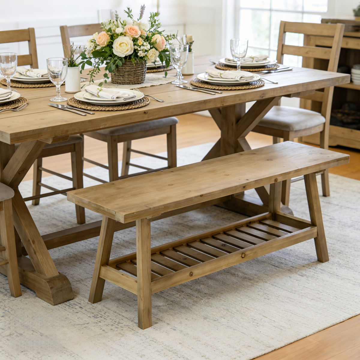 100% Solid Wood 2-Tier 43" Farmhouse Bench with Open Storage Shelf,Distressed Wood Color