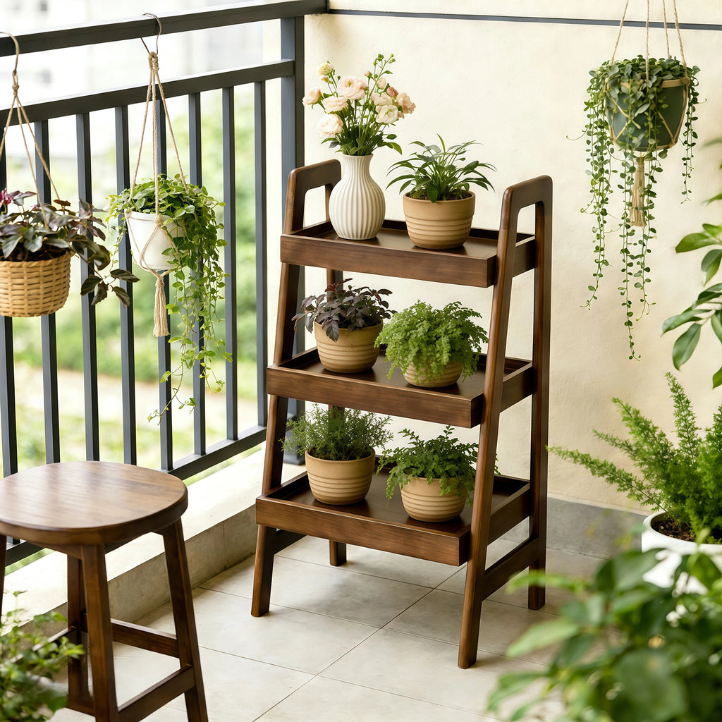 100% Solid Wood 3 Tier Ladder Bookshelf,Shelves with Open Storage,Walnut