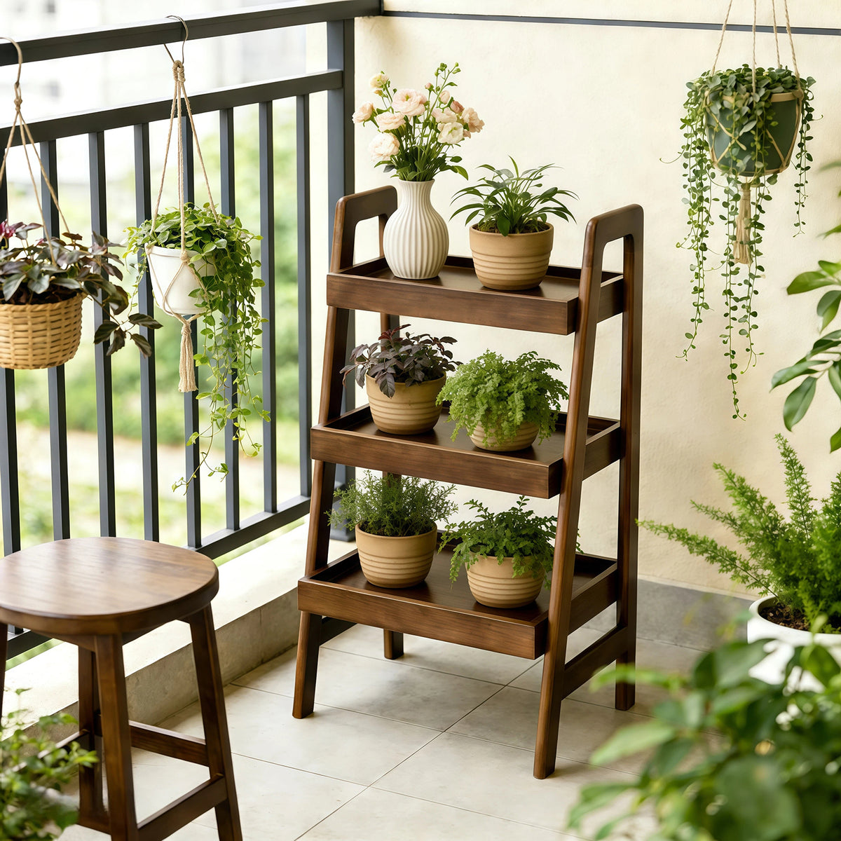 100% Solid Wood 3 Tier Ladder Bookshelf,Shelves with Open Storage,Walnut