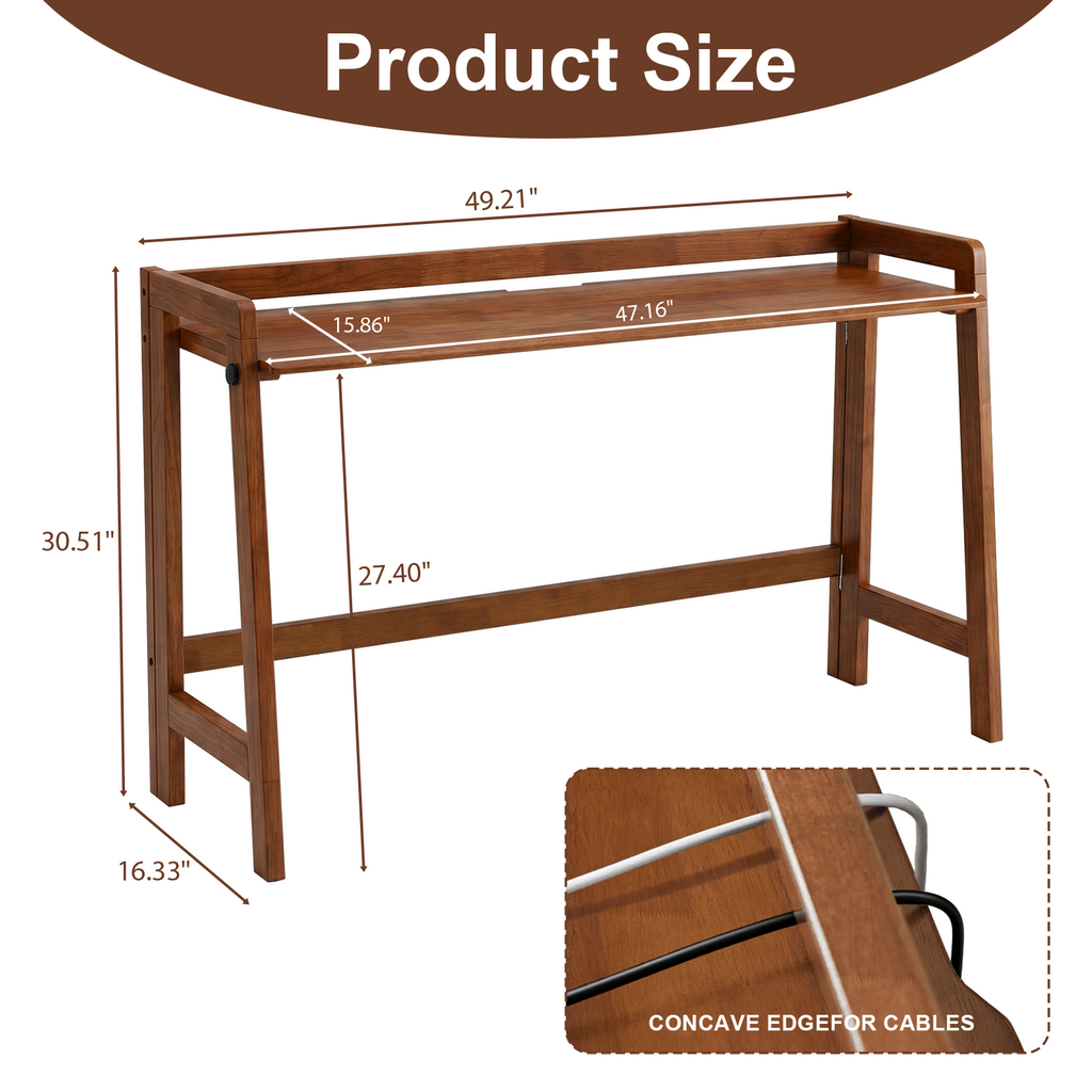 100% Solid Wood 49'' Folding Desk, Foldable Desk with Cable Groove,Walnut