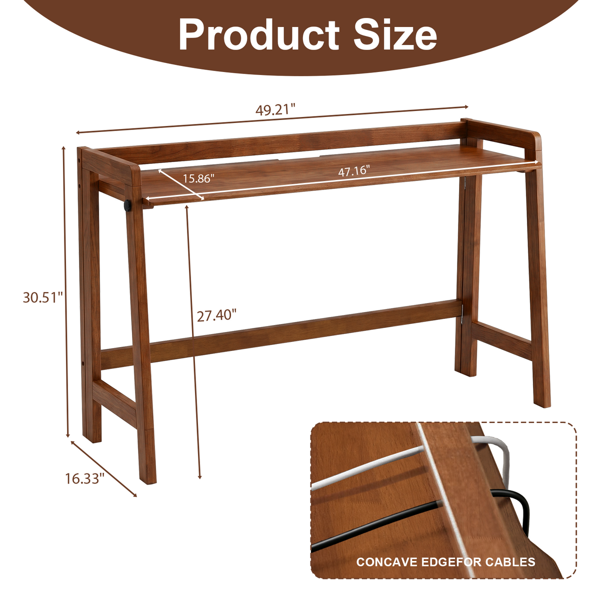 100% Solid Wood 49'' Folding Desk, Foldable Desk with Cable Groove,Walnut