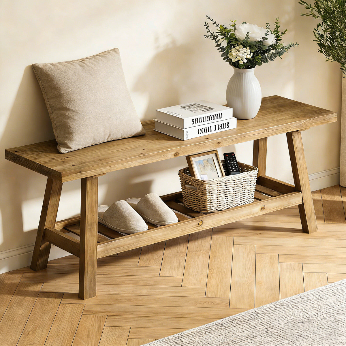 100% Solid Wood 2-Tier 43" Farmhouse Bench with Open Storage Shelf,Distressed Wood Color