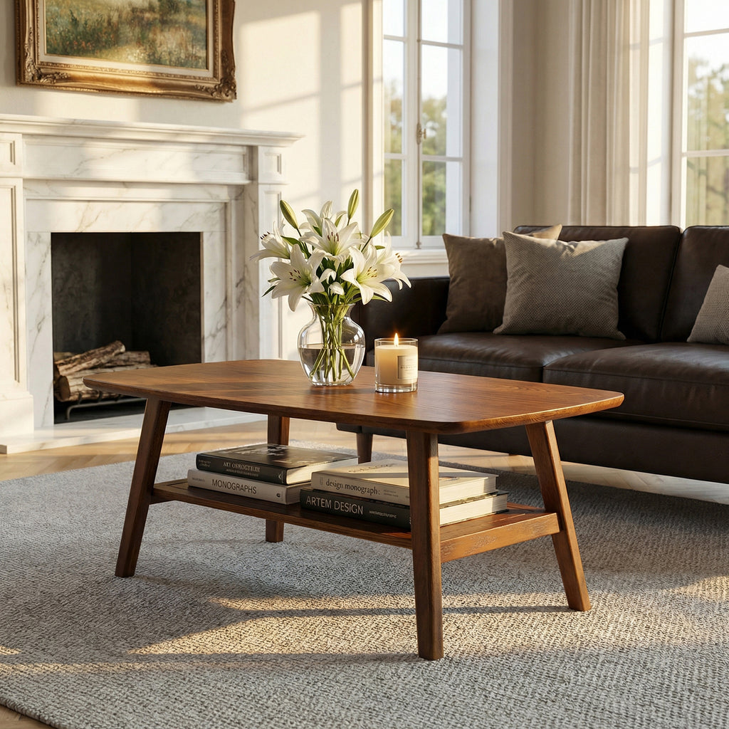 100% Solid Oak Wood 2-Tier Coffee Table with Storage & Round Corner