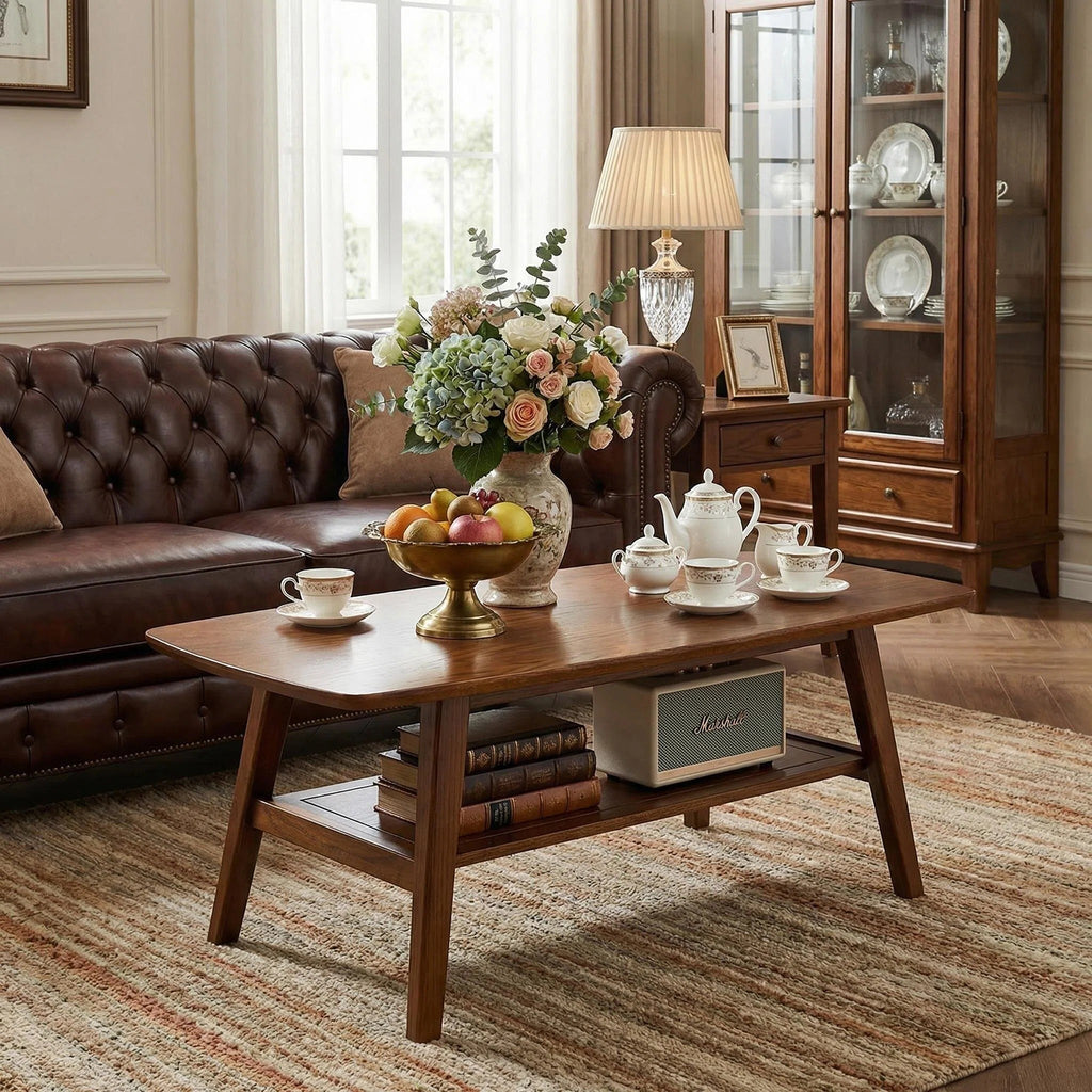 100% Solid Oak Wood 2-Tier Coffee Table with Storage & Round Corner