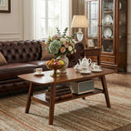 100% Solid Oak Wood 2-Tier Coffee Table with Storage & Round Corner