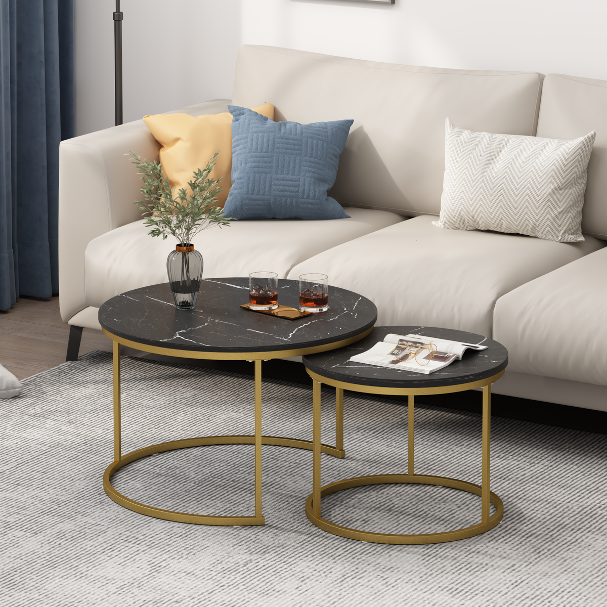27.6" Nesting Coffee Table Set of 2, Round Coffee Table Wood