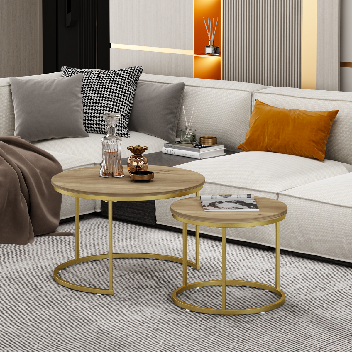 27.6" Nesting Coffee Table Set of 2, Round Coffee Table Wood