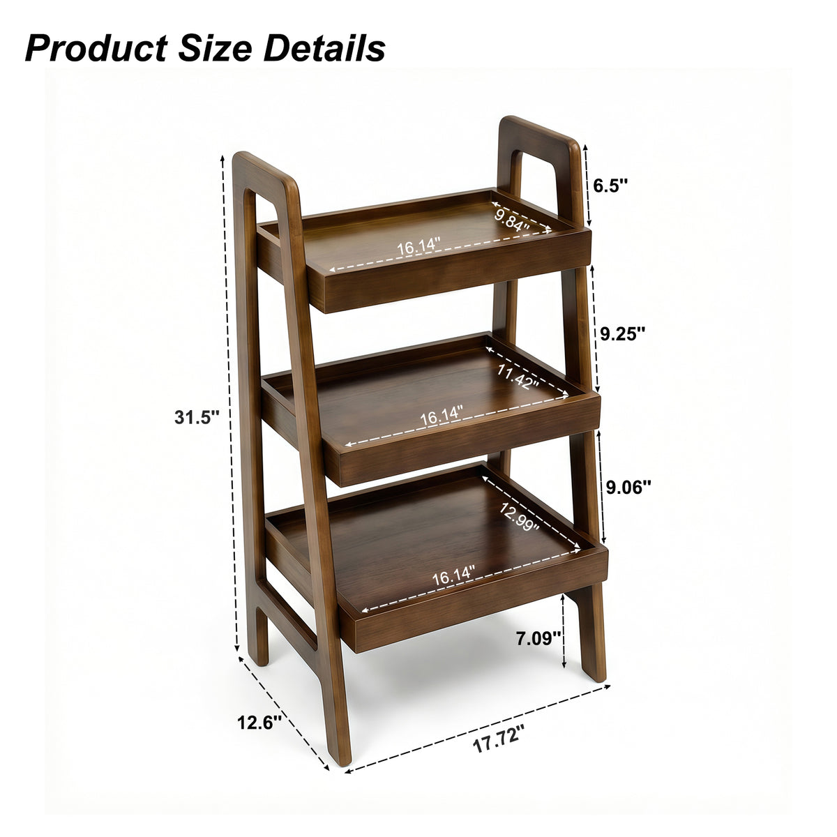 100% Solid Wood 3 Tier Ladder Bookshelf,Shelves with Open Storage,Walnut