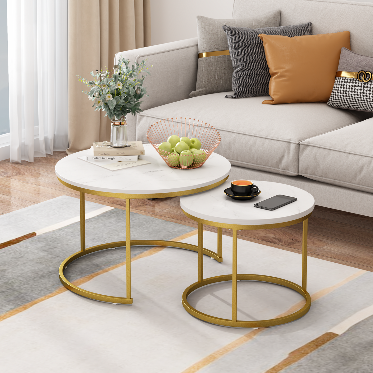 27.6" Nesting Coffee Table Set of 2, Round Coffee Table Wood