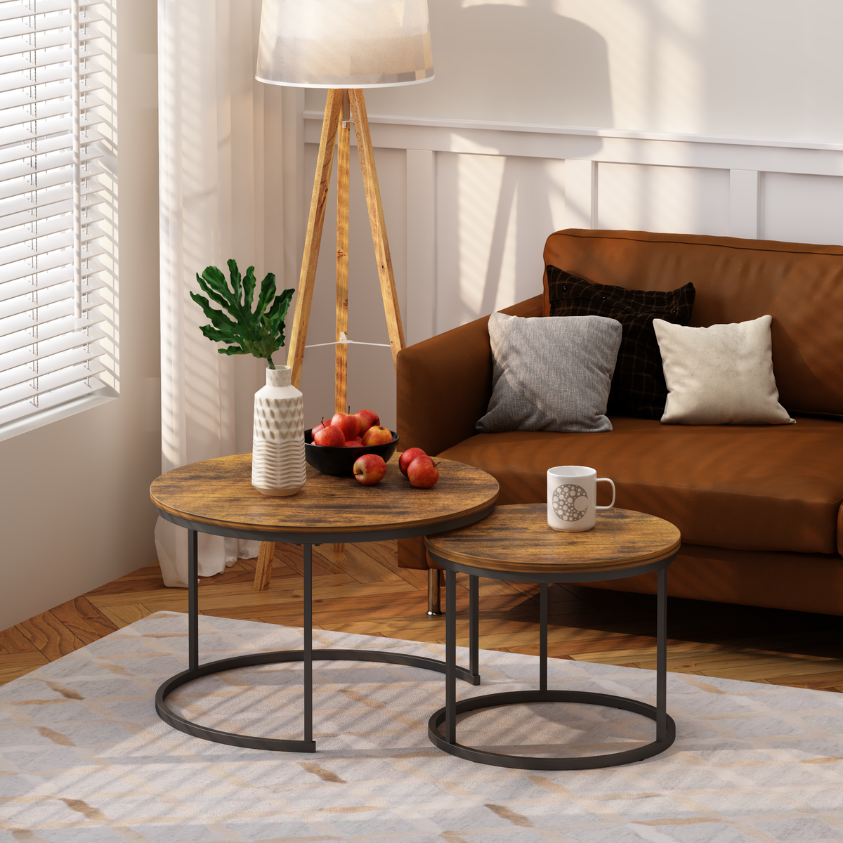 27.6" Nesting Coffee Table Set of 2, Round Coffee Table Wood