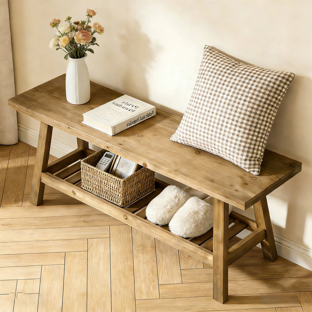 100% Solid Wood 2-Tier 43" Farmhouse Bench with Open Storage Shelf,Distressed Wood Color