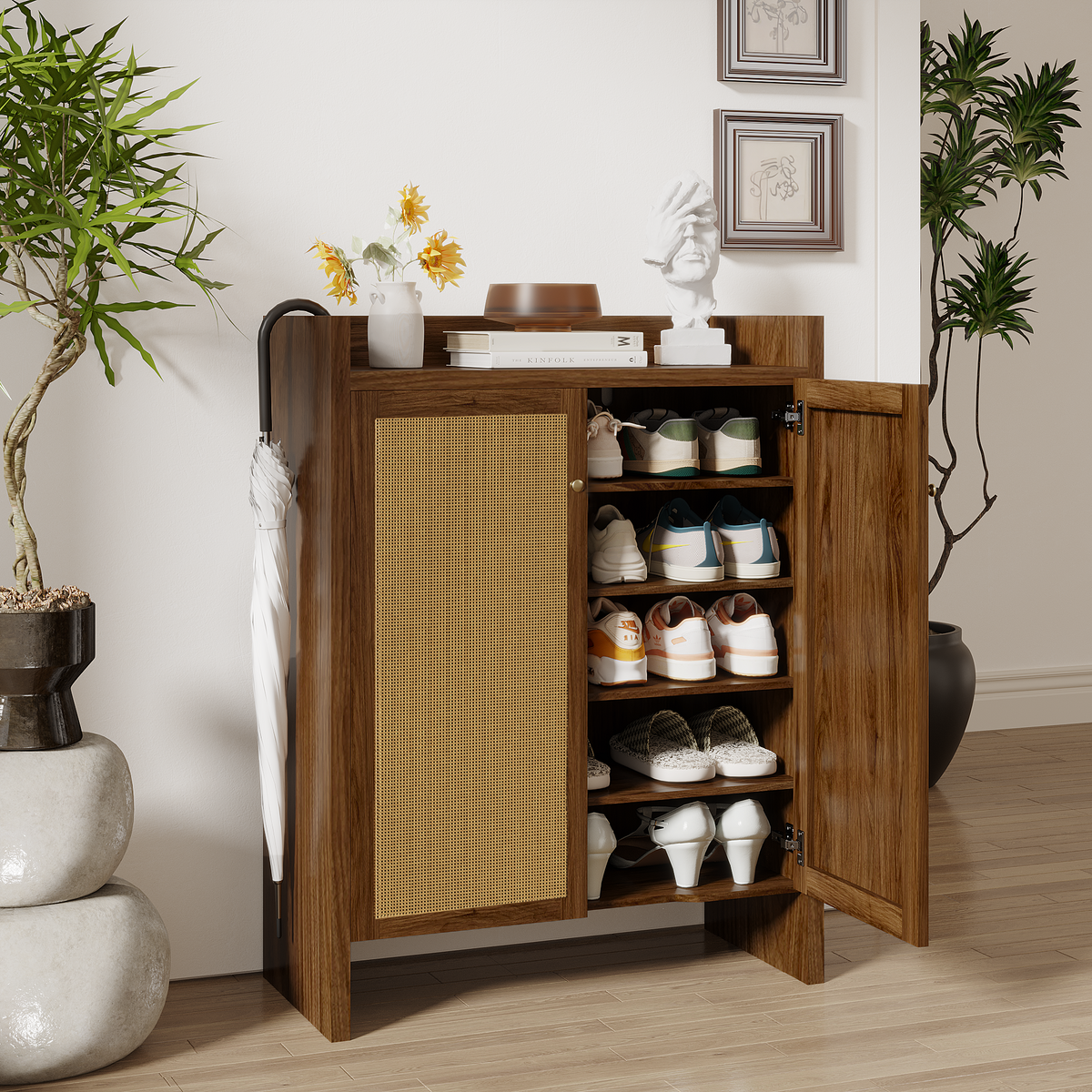42.5" Rattan Shoe Cabinet with Door,6-Tier with Adjustable Shelve