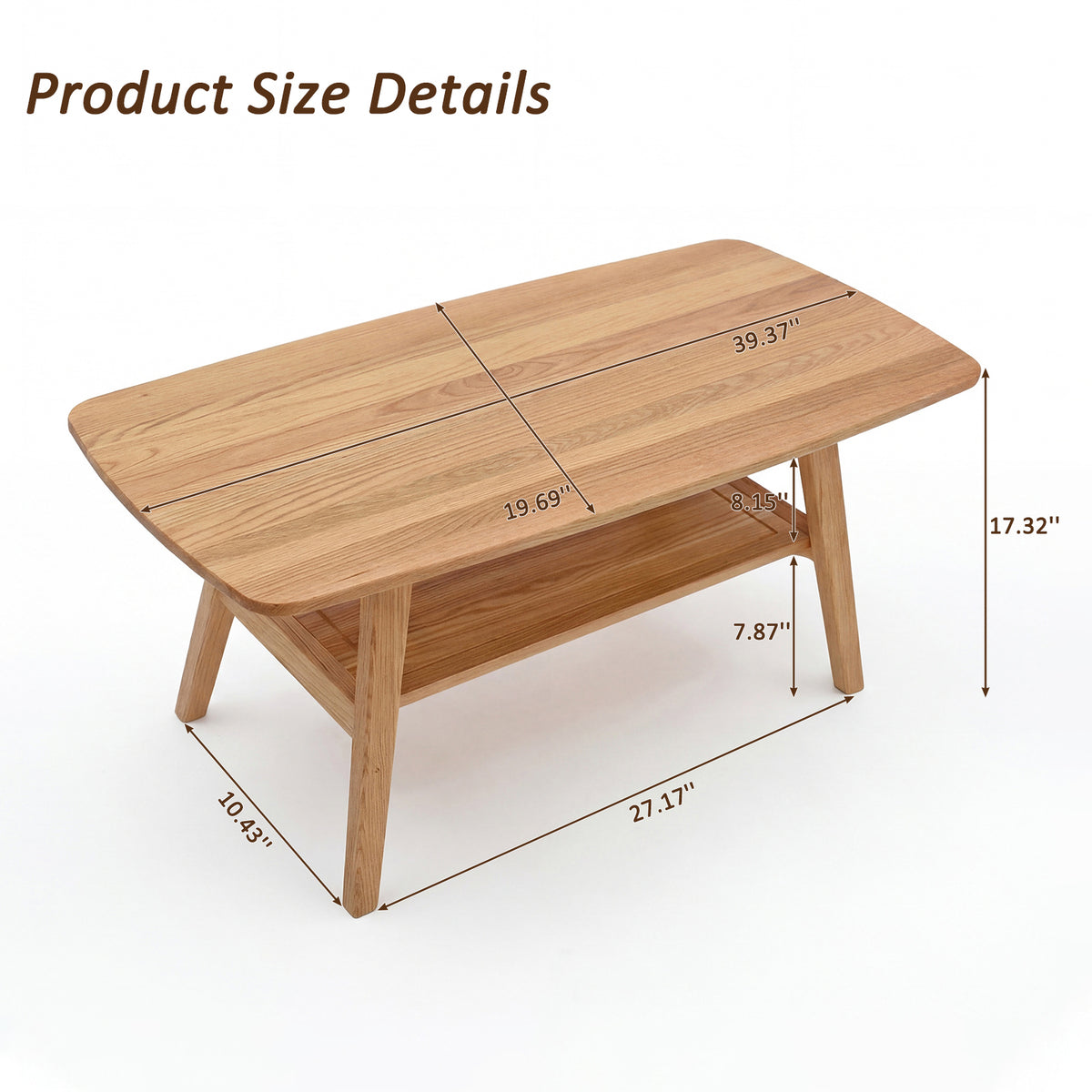 100% Solid Oak Wood 2-Tier Coffee Table with Storage & Round Corner