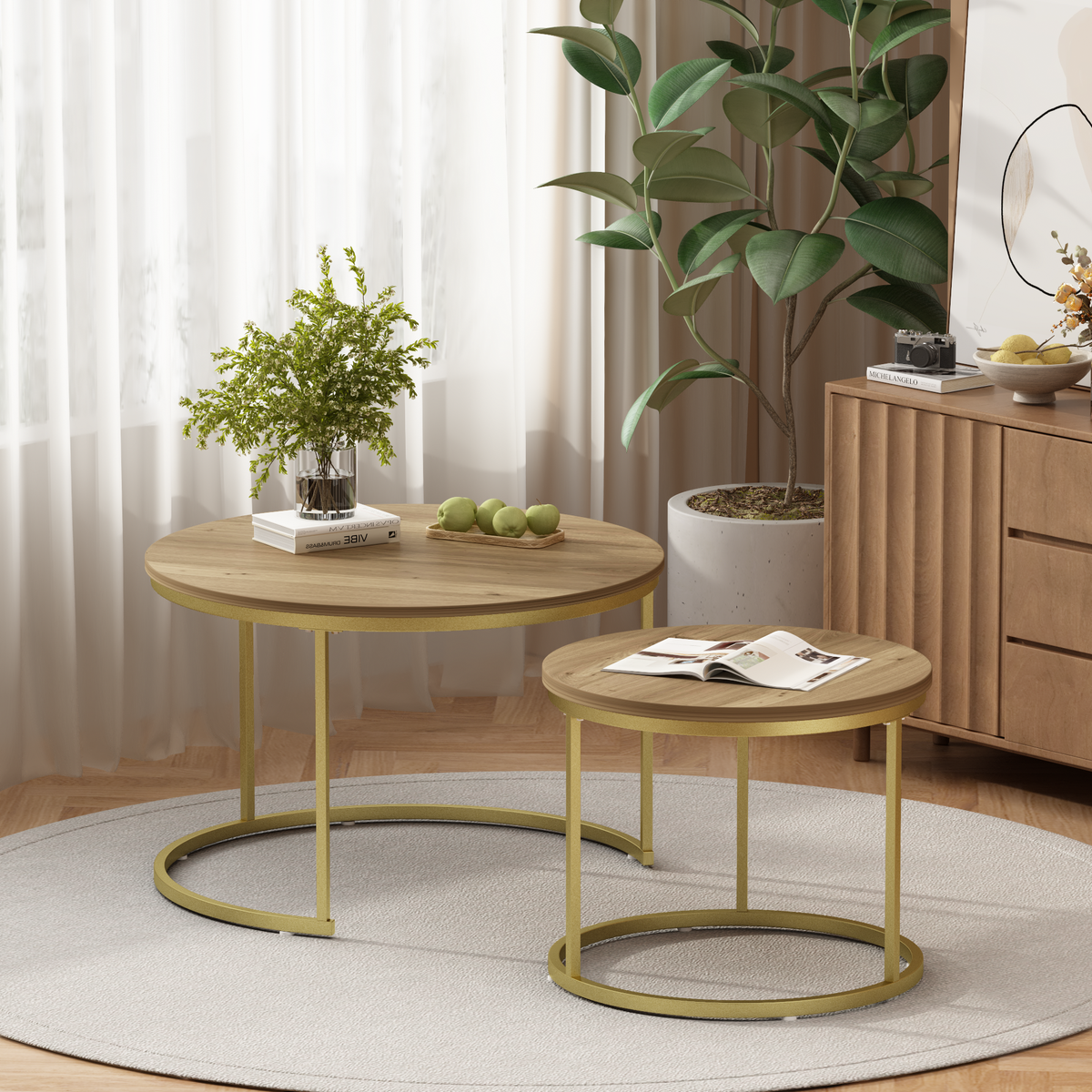 27.6" Nesting Coffee Table Set of 2, Round Coffee Table Wood