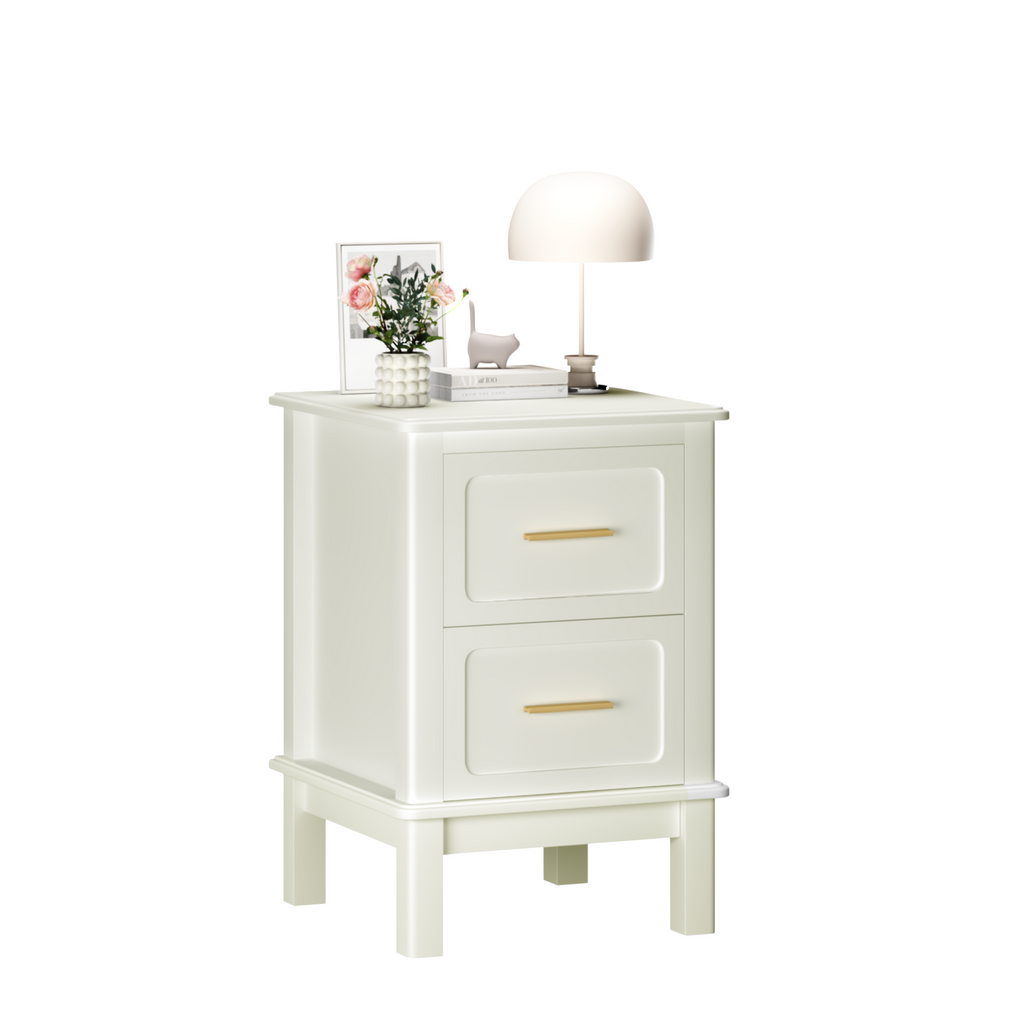 Modern Nightstand with 2 Drawers,Bedside Table with Gold Handles,Off White