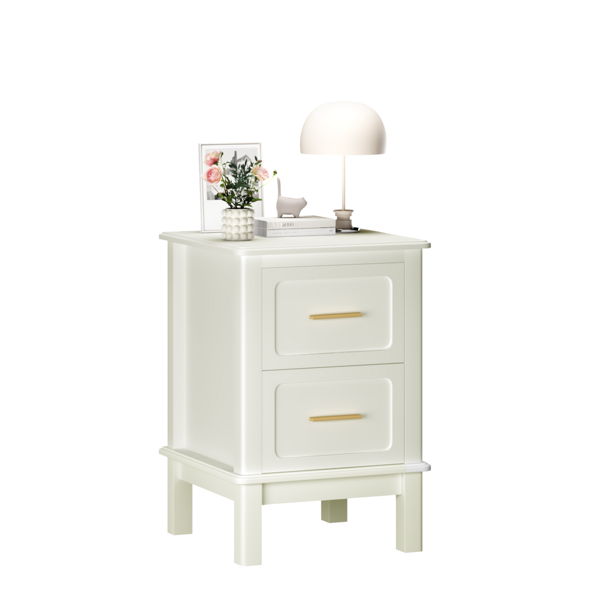 Modern Nightstand with 2 Drawers,Bedside Table with Gold Handles,Off White
