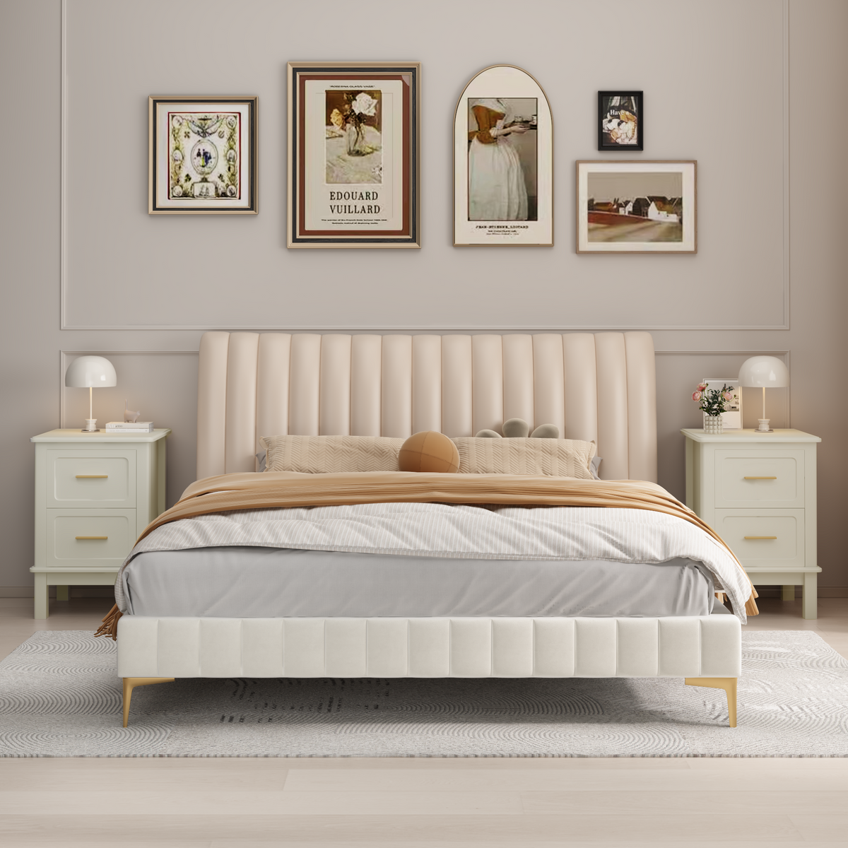 Modern Nightstand with 2 Drawers,Bedside Table with Gold Handles,Off White