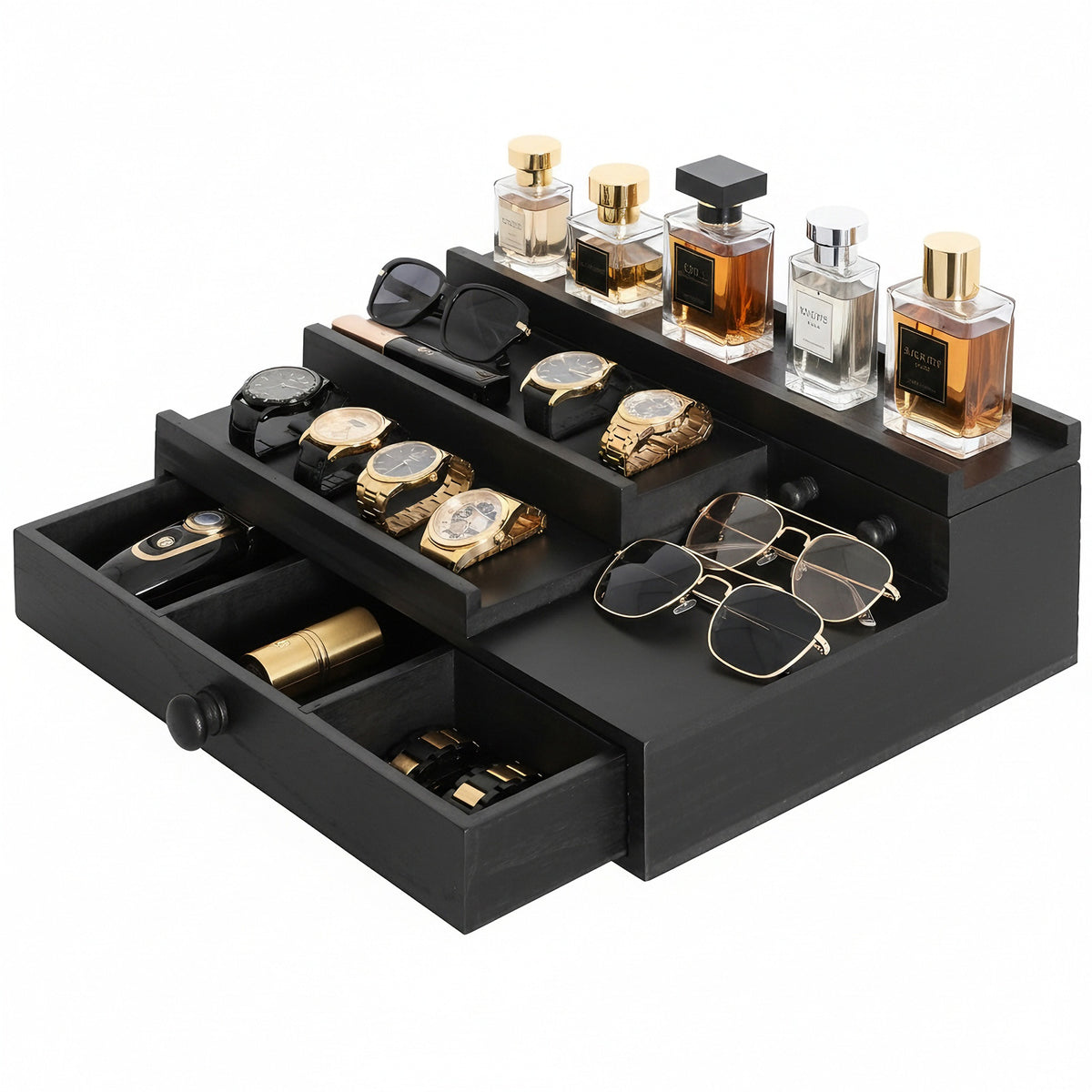 Luckybell Cologne Organizer for Men,Solid Wood Cologne Stand with Drawer and Hidden Compartments, Nightstand Organizer,Dresser Drawer Organizers,Organizador de Perfumes,Perfume Stand Organizer for Bedroom,Black
