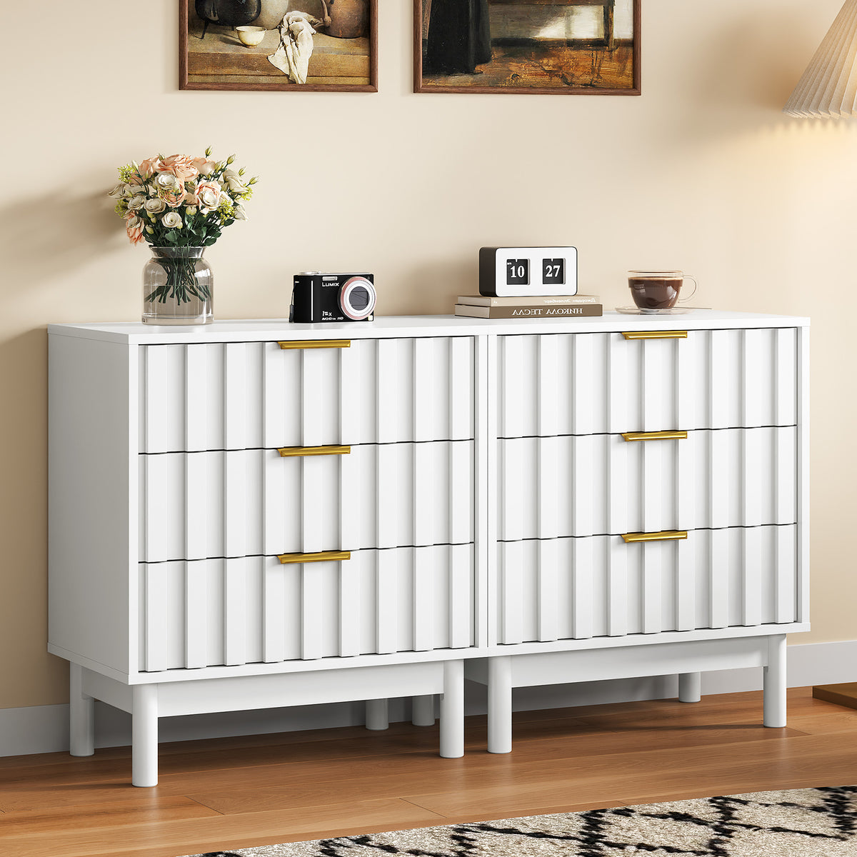 3 Drawer Dresser with Fluted Panel Design,Modern Endtable,White