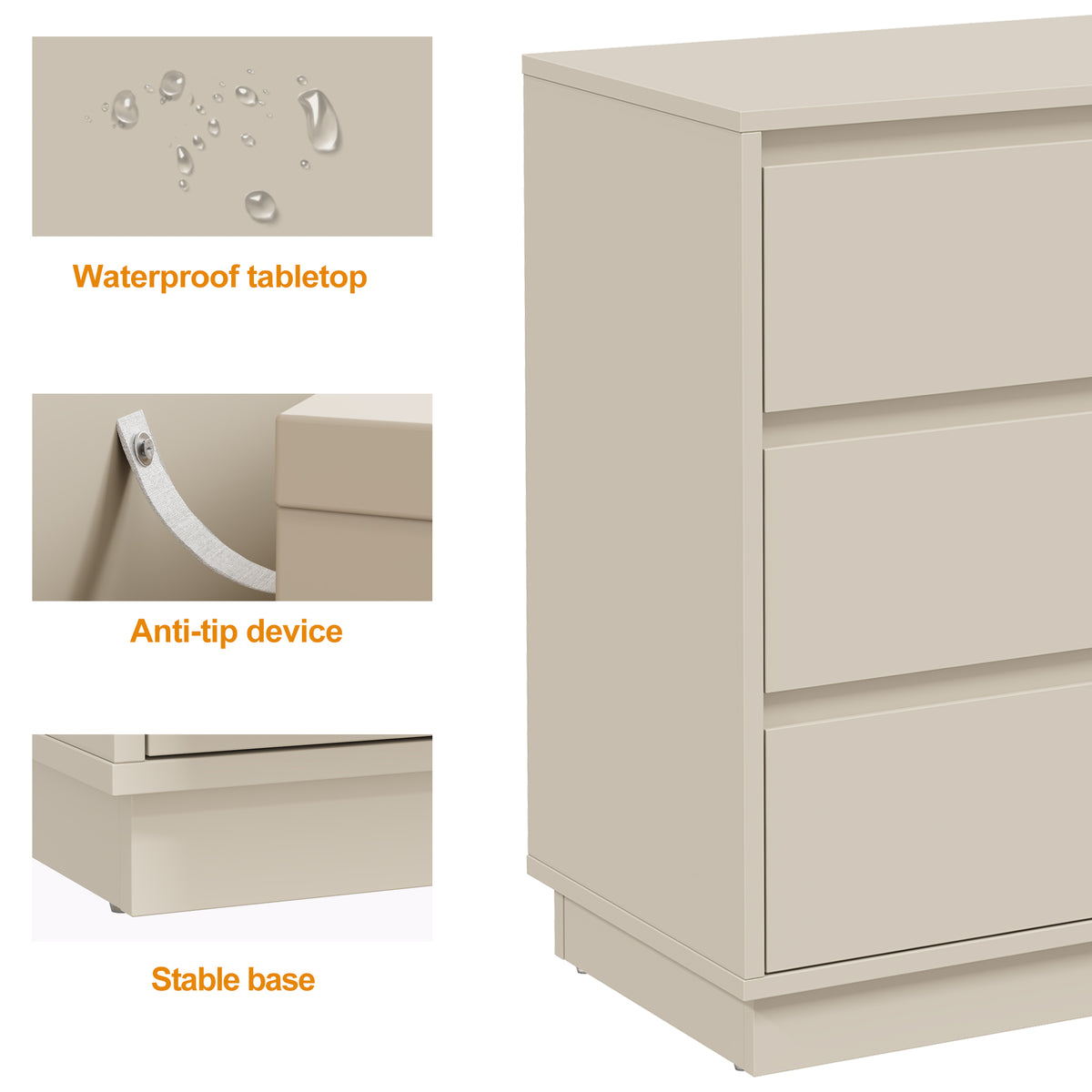 3 Drawer Dresser Set of 2,Modern Endtable,Beige