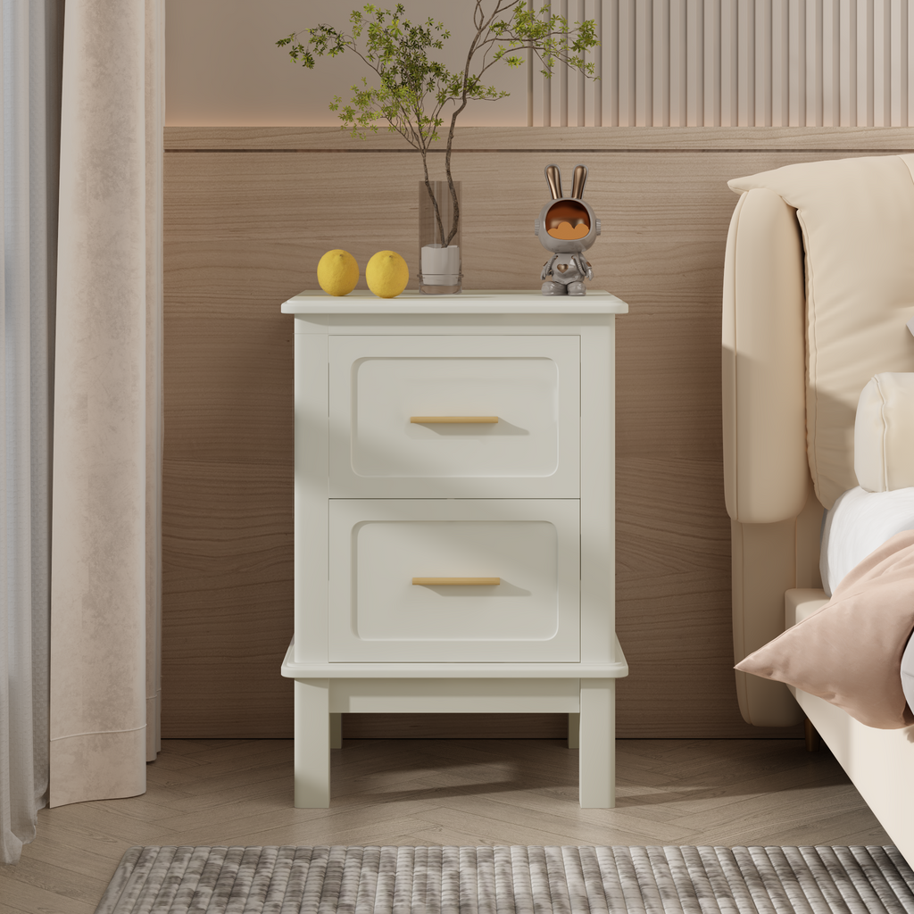 Modern Nightstand with 2 Drawers,Bedside Table with Gold Handles,Off White