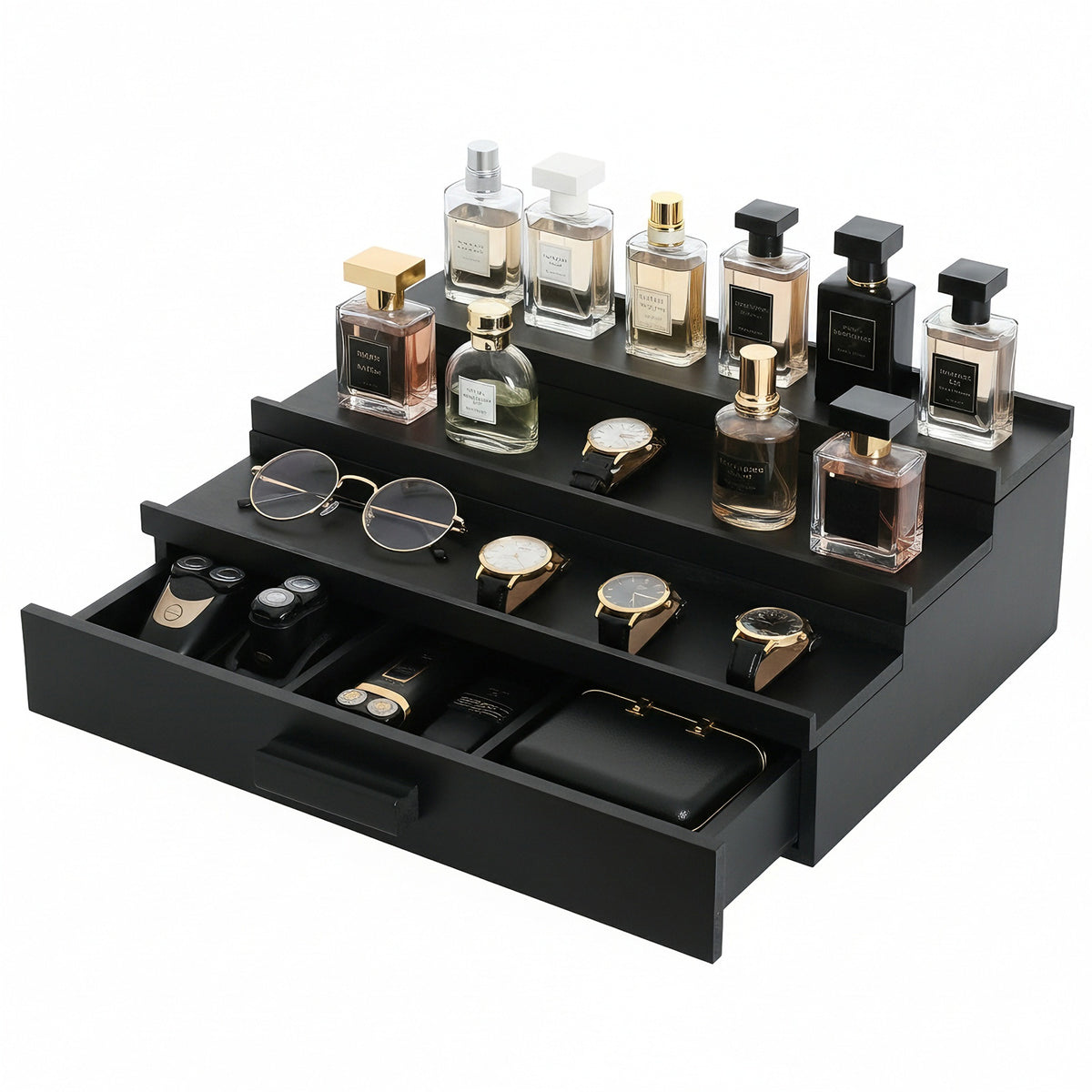 Luckybell Cologne Organizer for Men,Solid Wood Cologne Stand with Drawer and Hidden Compartments, Nightstand Organizer,Dresser Drawer Organizers,Organizador de Perfumes,Perfume Stand Organizer for Bedroom,Black