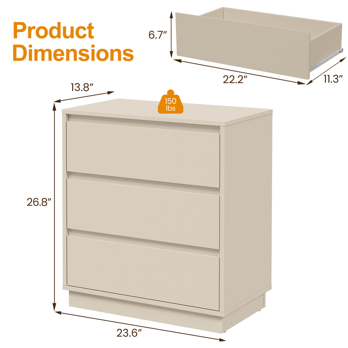 3 Drawer Dresser Set of 2,Modern Endtable,Beige