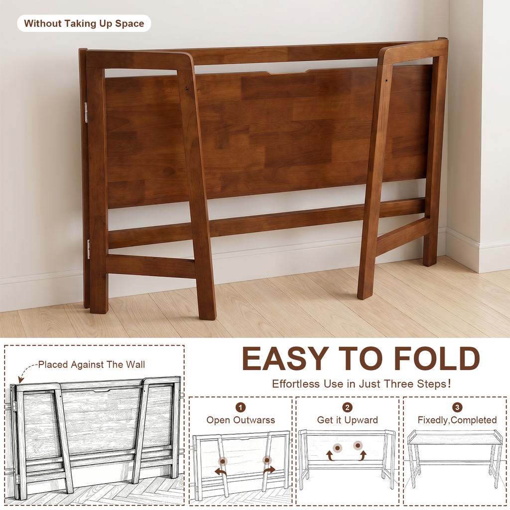 100% Solid Wood 49'' Folding Desk, Foldable Desk with Cable Groove,Walnut