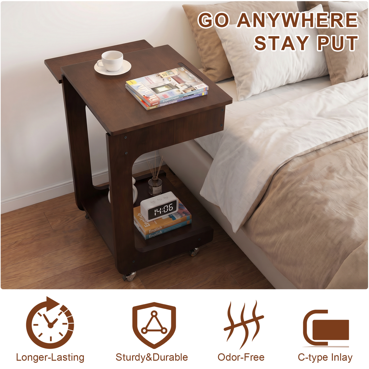 100% Solid Wood C Shape End Table,360° Adjustable & Foldable Desktop