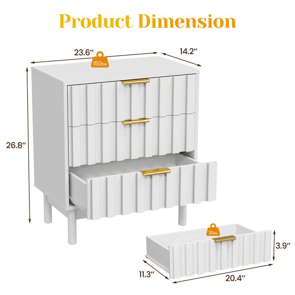 3 Drawer Dresser with Fluted Panel Design,Modern Endtable,White