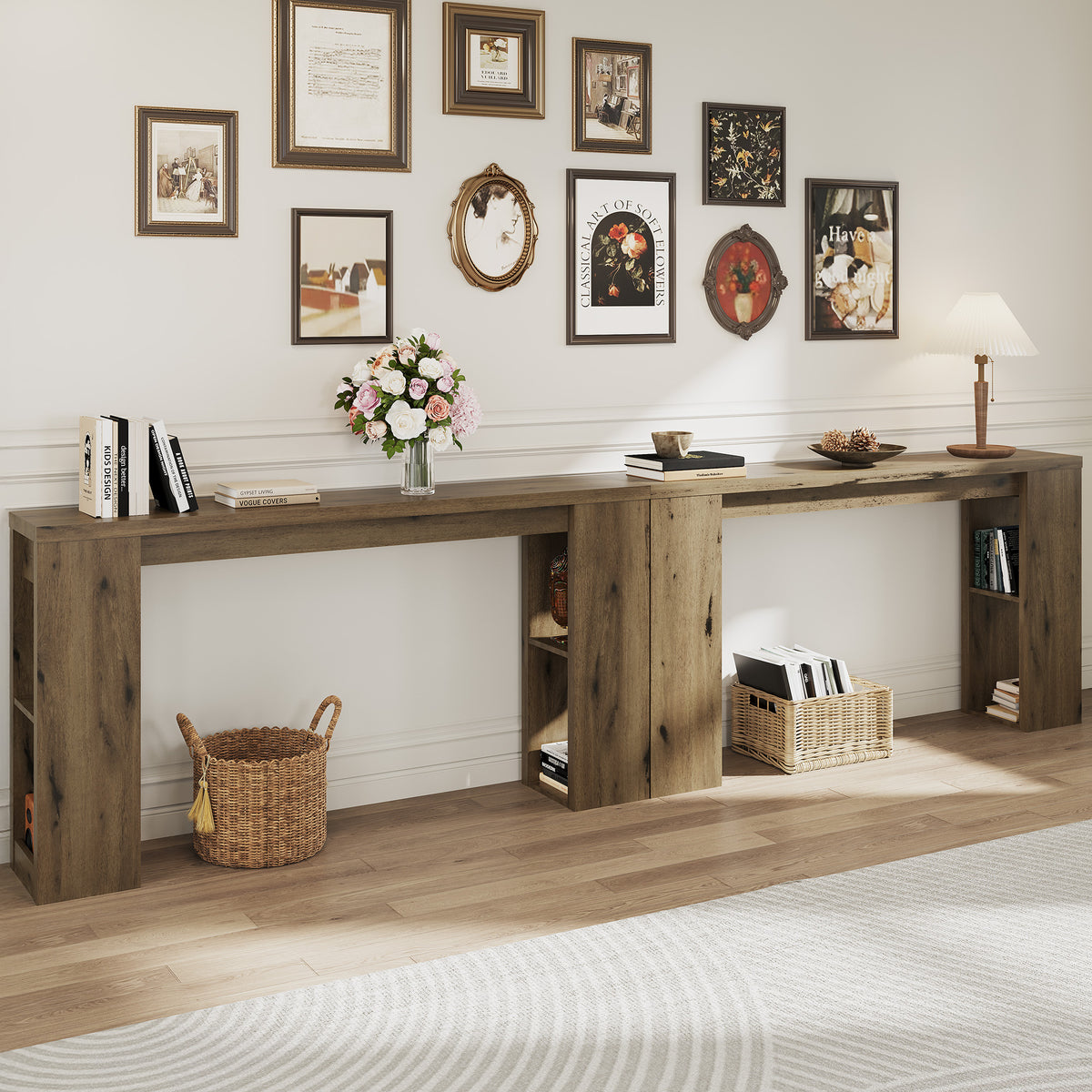 63'' Long Console Table, Farmhouse Entryway Table with Storage