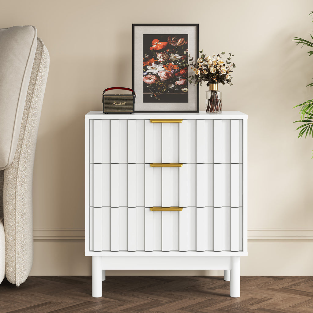 3 Drawer Dresser with Fluted Panel Design,Modern Endtable,White