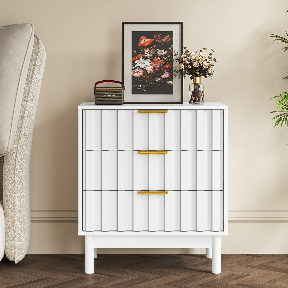 3 Drawer Dresser with Fluted Panel Design,Modern Endtable,White
