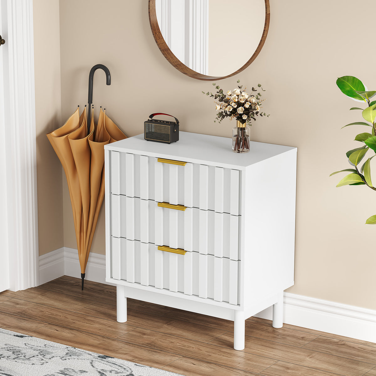 3 Drawer Dresser with Fluted Panel Design,Modern Endtable,White