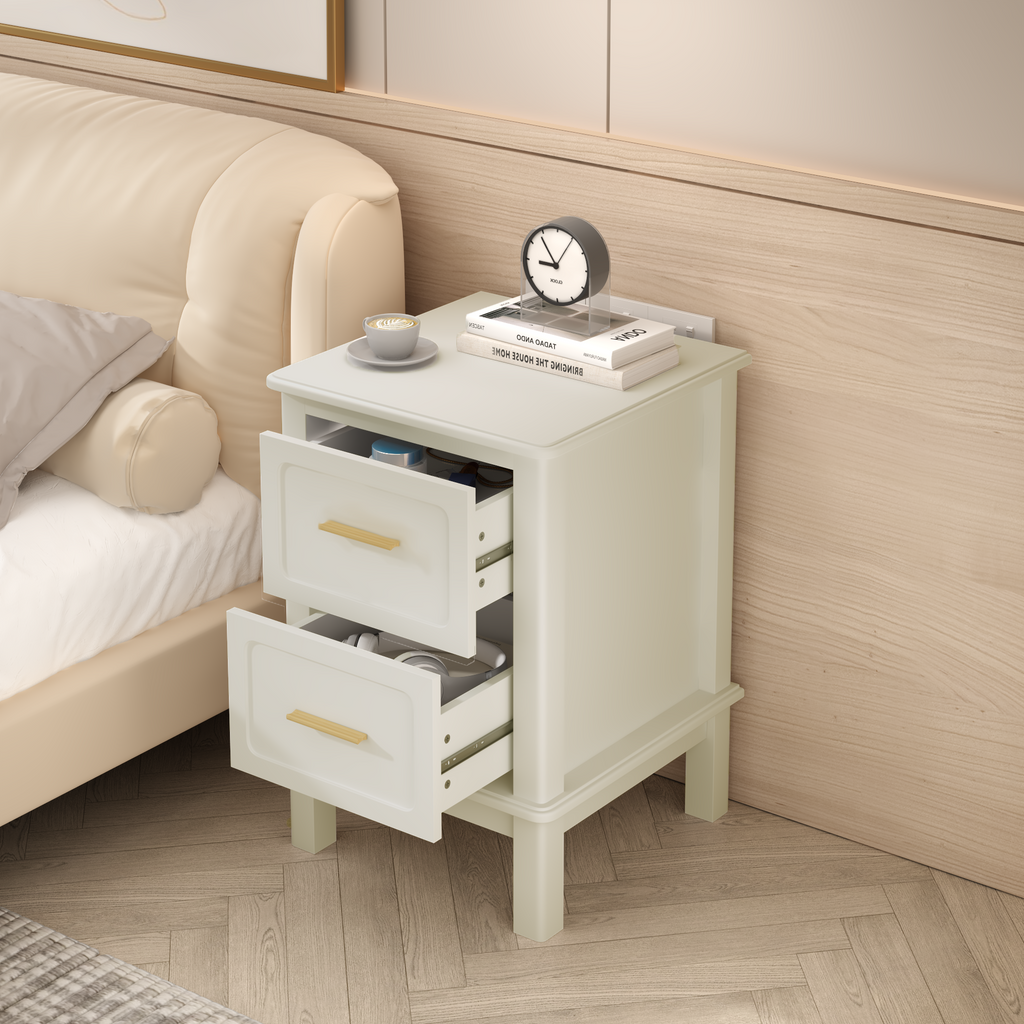 Modern Nightstand with 2 Drawers,Bedside Table with Gold Handles,Off White