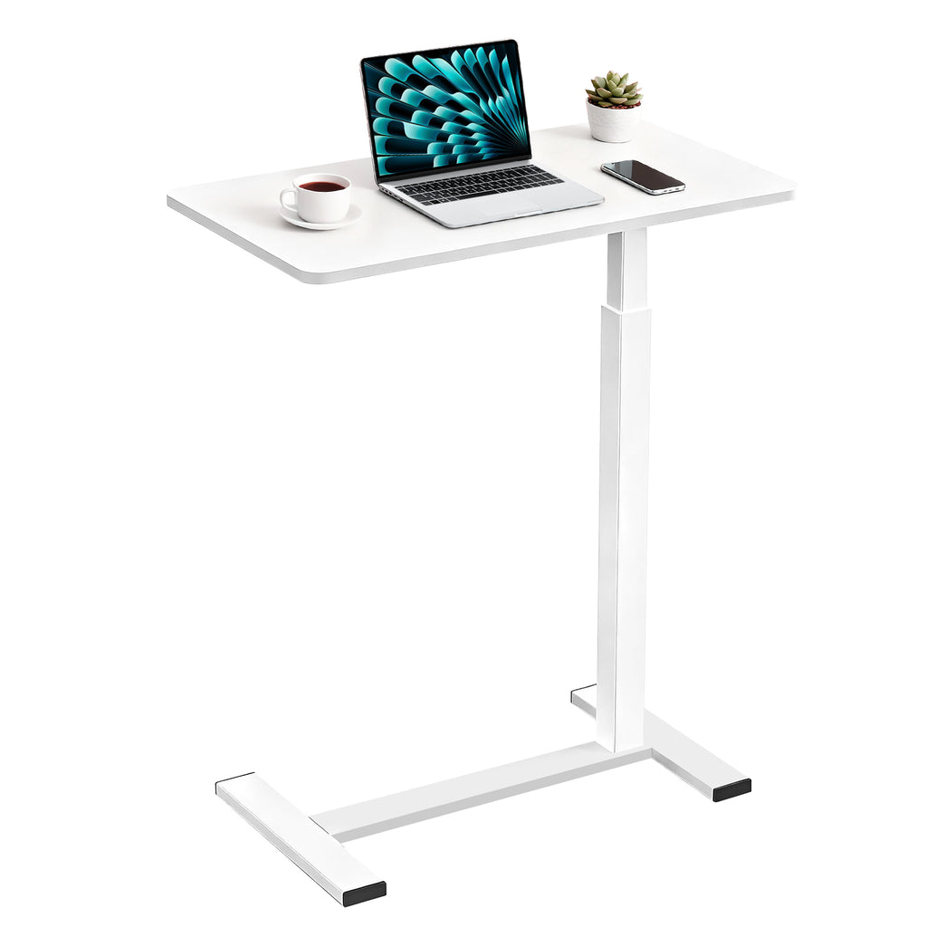 Luckybell Large Pneumatic Hospital Bed Table,Hidden Wheels Adjustable Height C-Shaped End Table,Overbed Bedside Table with Wheels, Side Table for Sofa & Bedside(15.8''Wx31.5'D'x37.1''H,White)