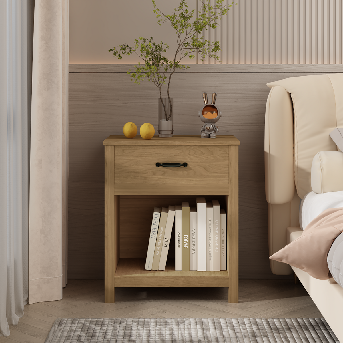Wood Nightstand Bedside Table with Drawer and Open Shelf Storage, Brown