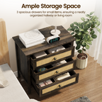 Farmhouse Rattan 3 Drawer Dresser,Modern Endtable,Dark Rustic Oak