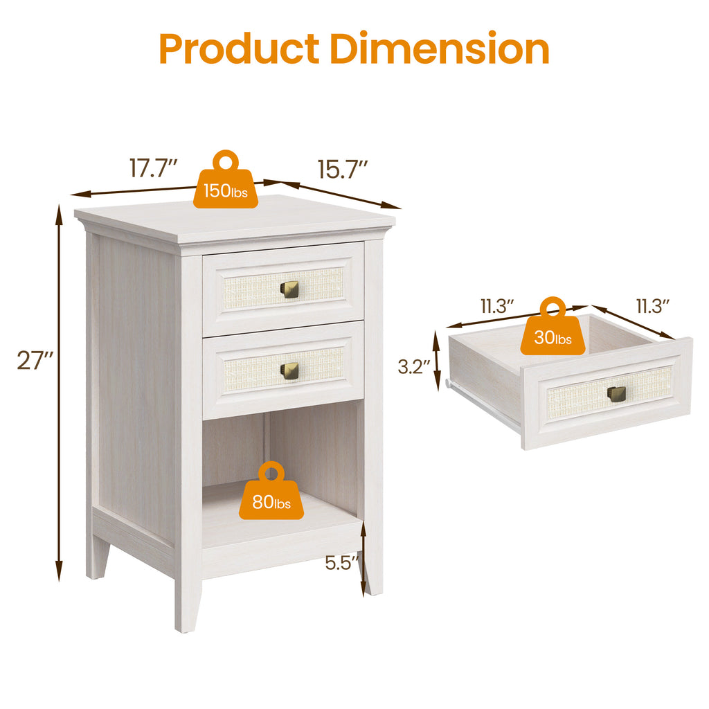 Farmhouse Nightstand Boho End Table with 2 Rattan Decor Drawers,Grayish White