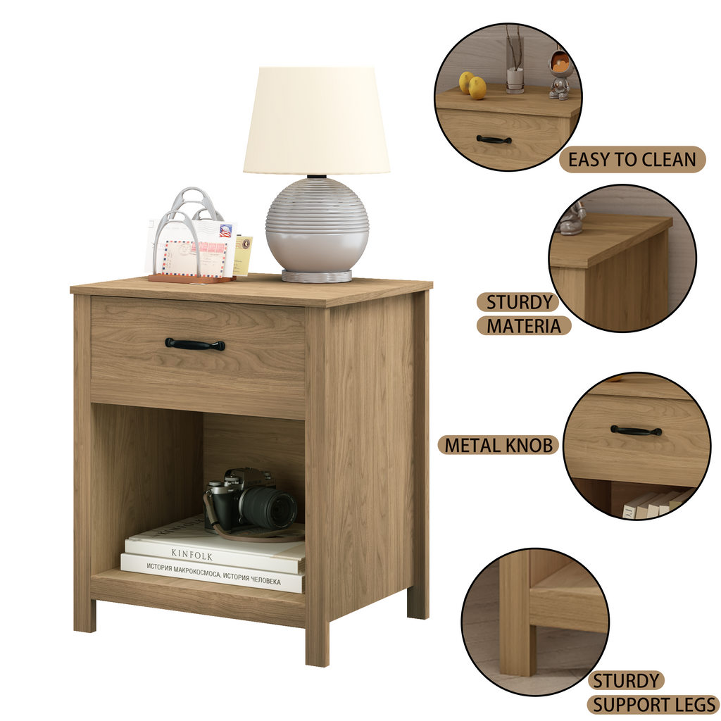 Wood Nightstand Bedside Table with Drawer and Open Shelf Storage, Brown