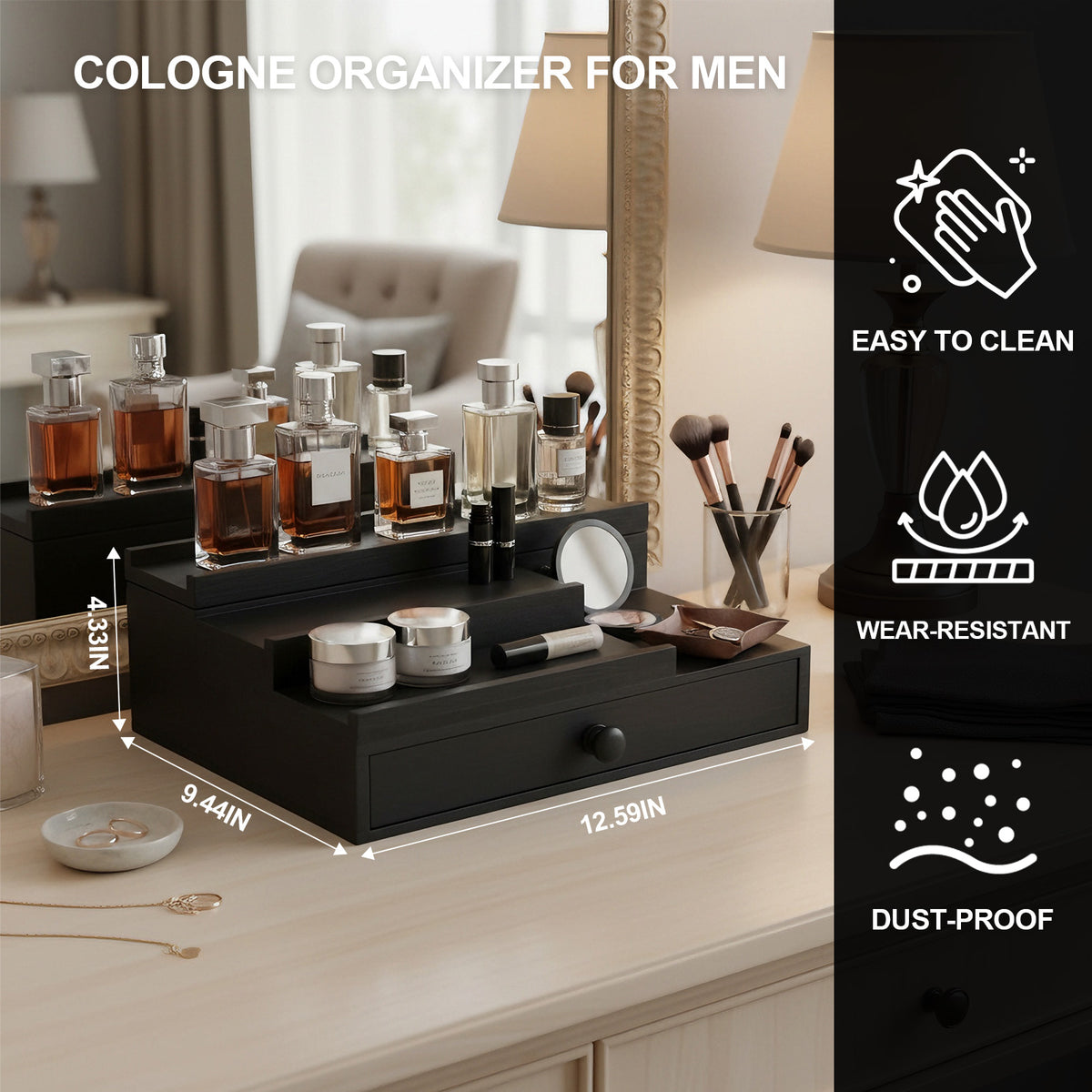 Luckybell Cologne Organizer for Men,Solid Wood Cologne Stand with Drawer and Hidden Compartments, Nightstand Organizer,Dresser Drawer Organizers,Organizador de Perfumes,Perfume Stand Organizer for Bedroom,Black