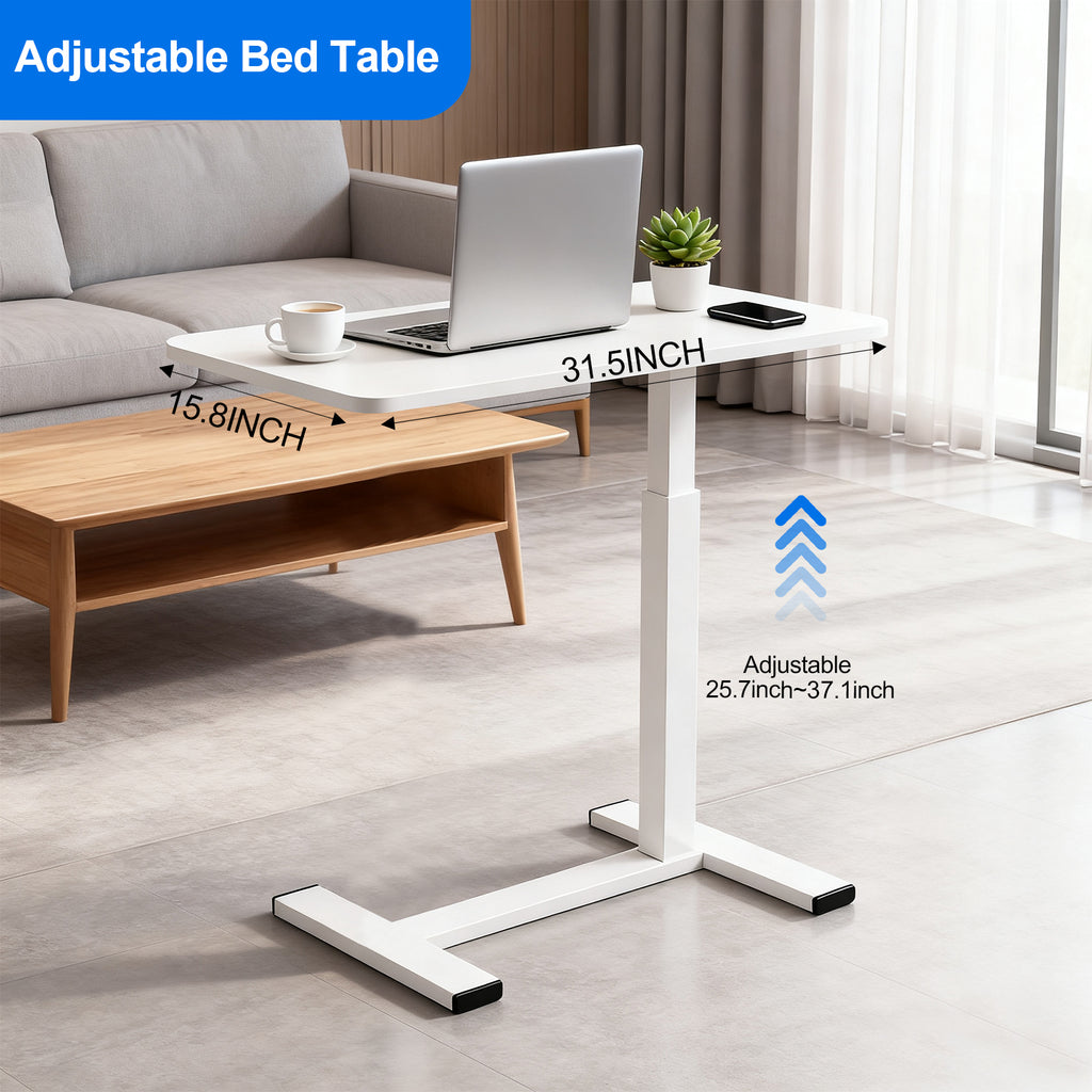 Luckybell Large Pneumatic Hospital Bed Table,Hidden Wheels Adjustable Height C-Shaped End Table,Overbed Bedside Table with Wheels, Side Table for Sofa & Bedside(15.8''Wx31.5'D'x37.1''H,White)