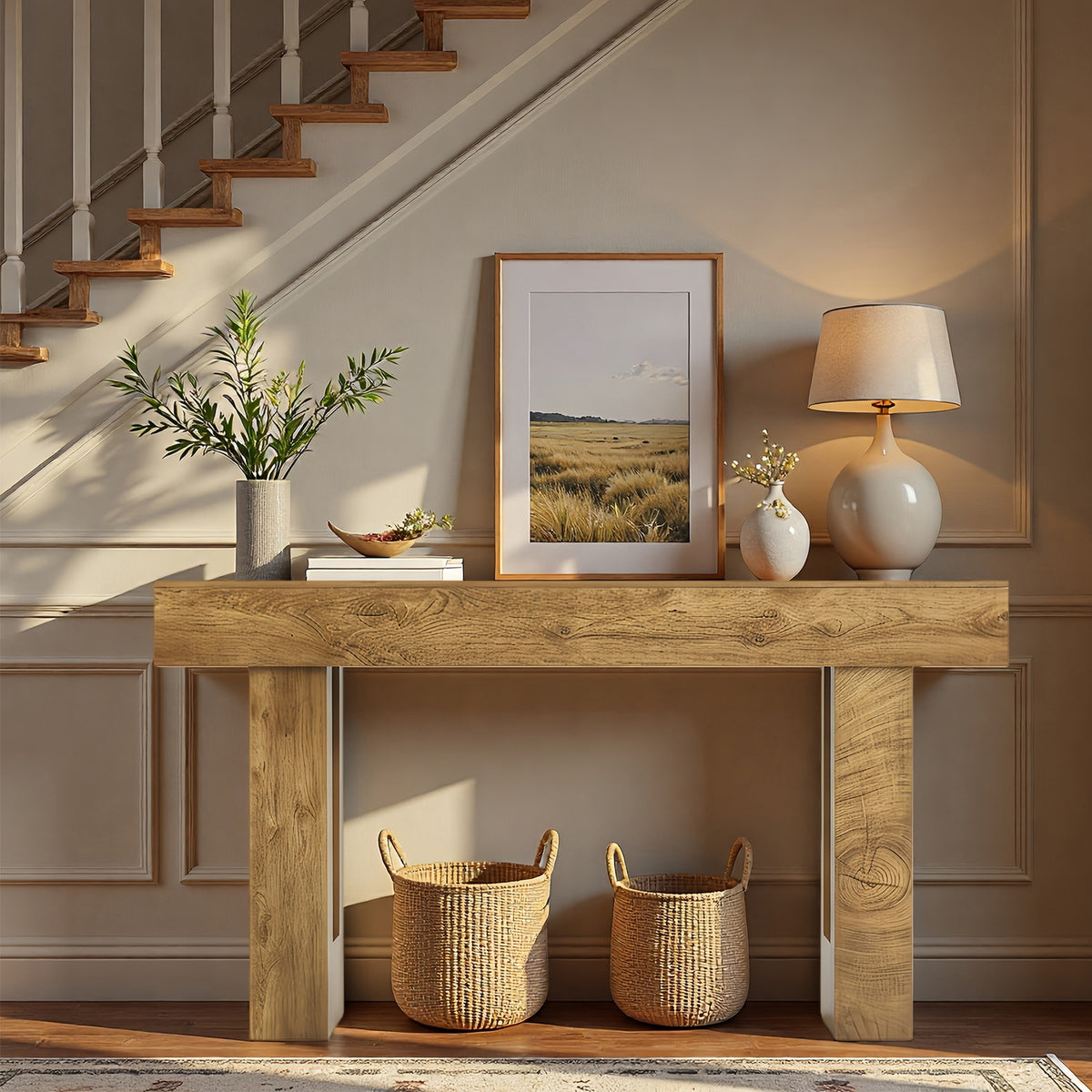 63'' Long Console Table, Farmhouse Entryway Table with Storage