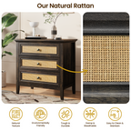 Farmhouse Rattan 3 Drawer Dresser,Modern Endtable,Dark Rustic Oak