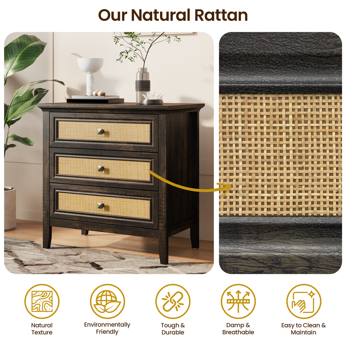 Farmhouse Rattan 3 Drawer Dresser,Modern Endtable,Dark Rustic Oak