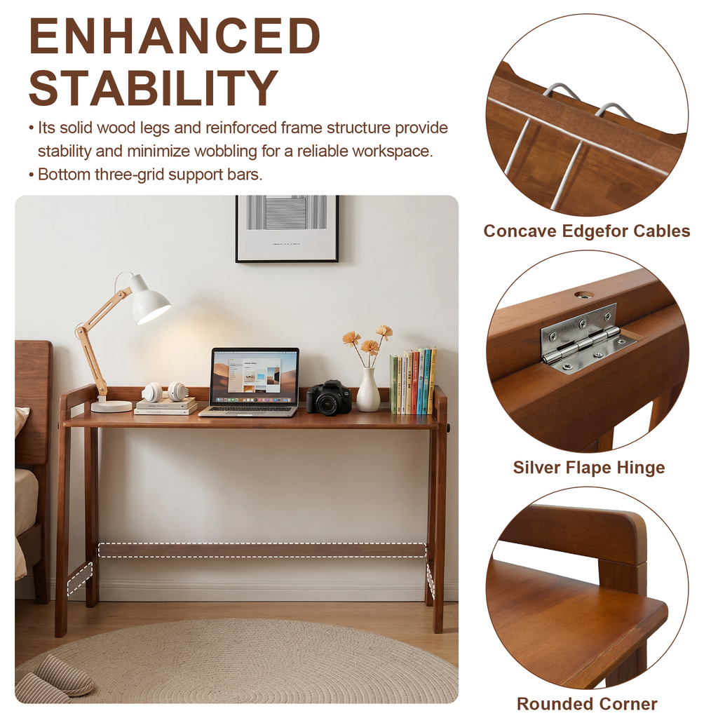 100% Solid Wood 49'' Folding Desk, Foldable Desk with Cable Groove,Walnut