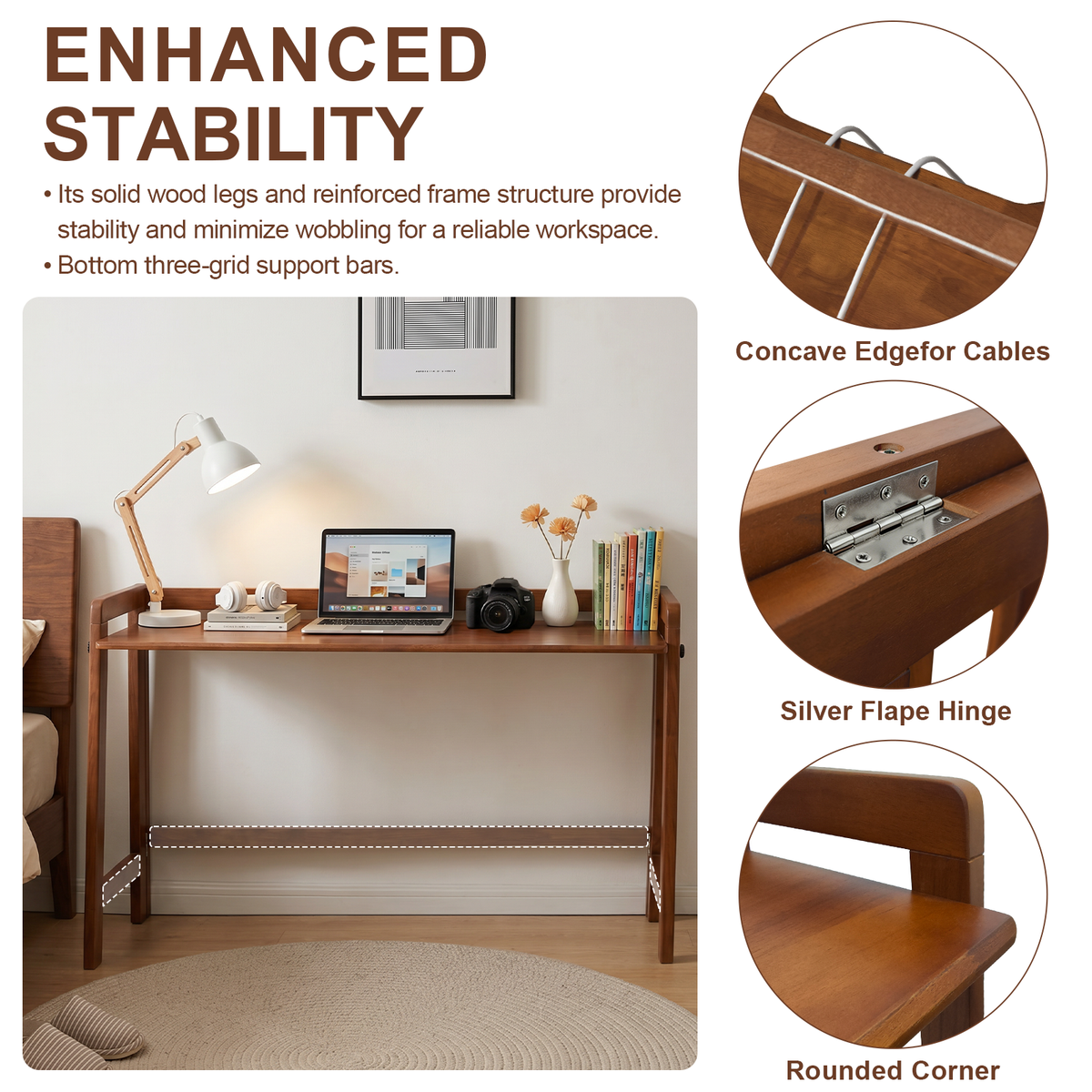 100% Solid Wood 49'' Folding Desk, Foldable Desk with Cable Groove,Walnut