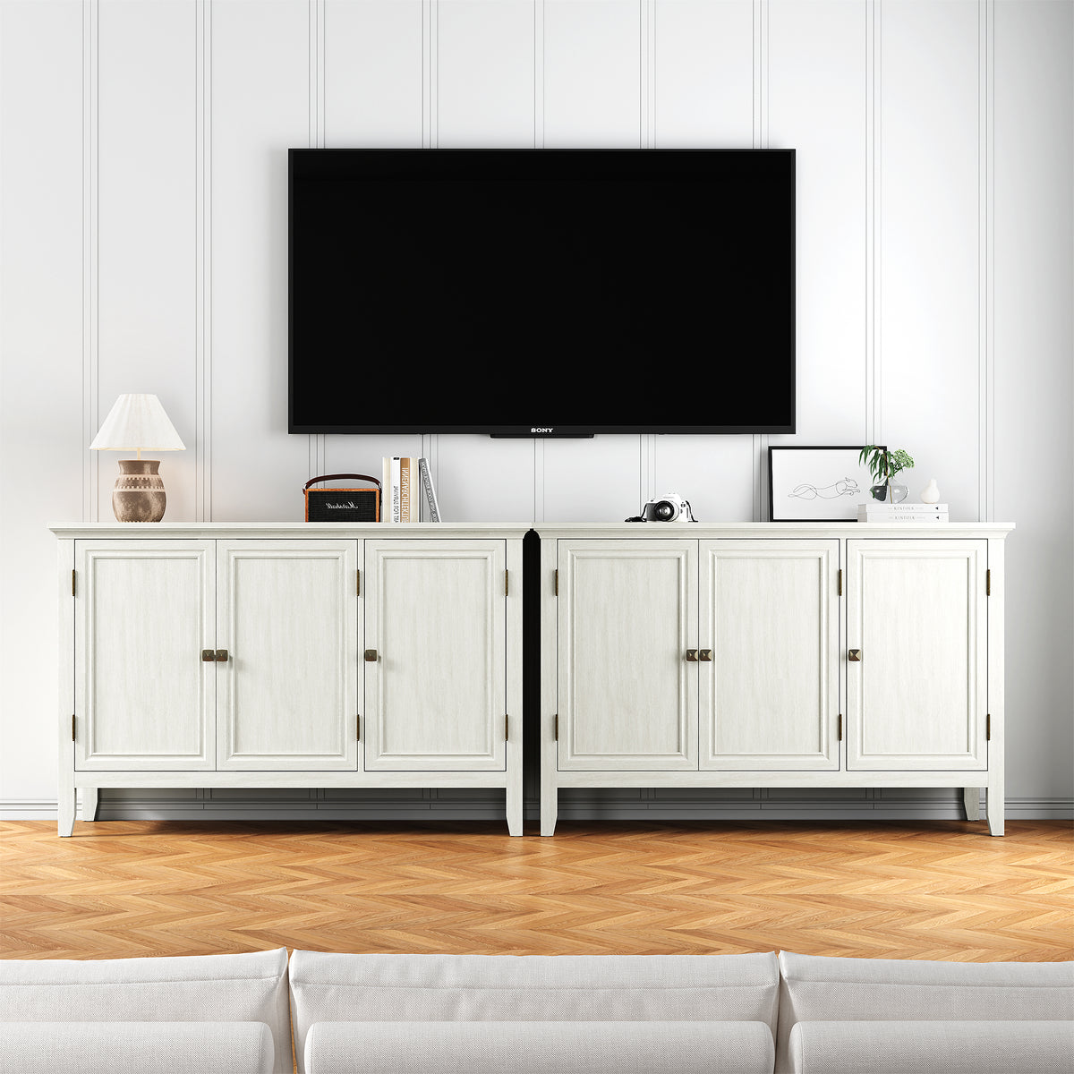 Boho Sideboard Buffet Cabinet with Doors and Adjustable Shelves,White