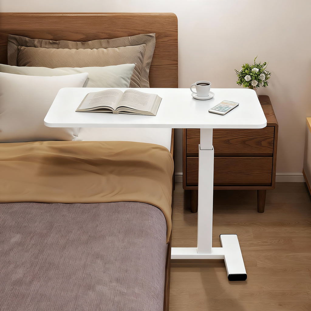 Luckybell Large Pneumatic Hospital Bed Table,Hidden Wheels Adjustable Height C-Shaped End Table,Overbed Bedside Table with Wheels, Side Table for Sofa & Bedside(15.8''Wx31.5'D'x37.1''H,White)